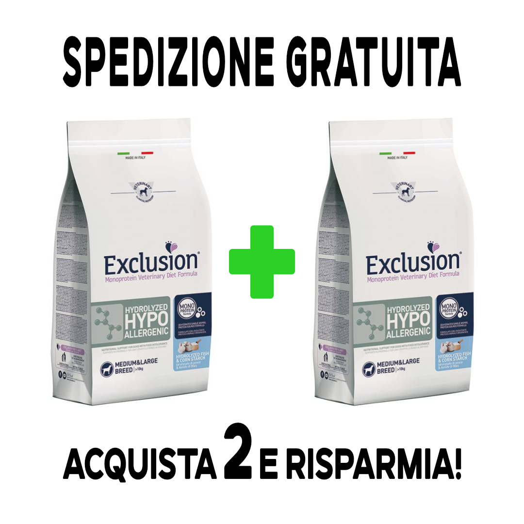 Exclusion - Diet Hydrolyzed Hypoallergenic Adult Medium/Large al Pesce e Amido di Mais da 12 Kg