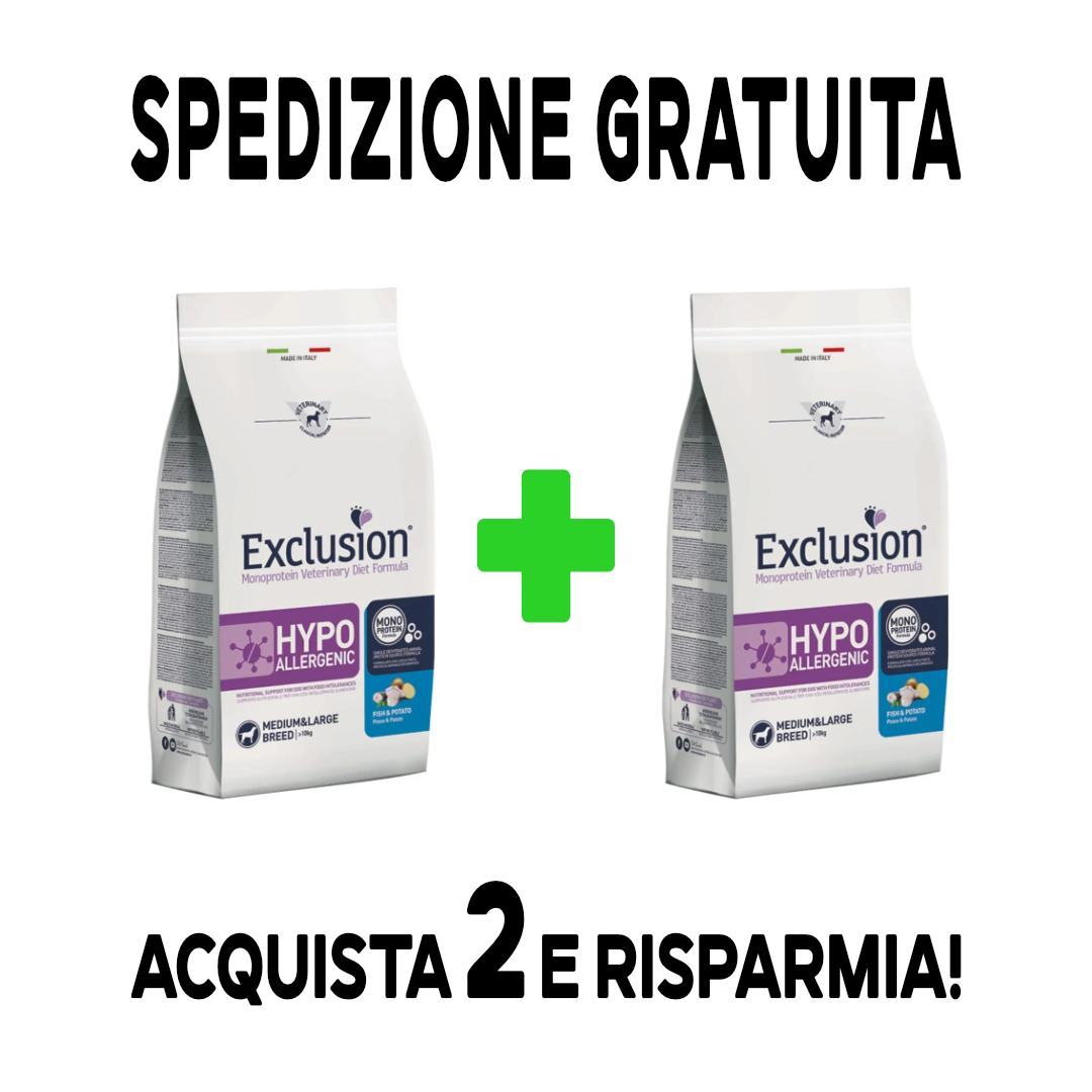 Exclusion - Diet Hypoallergenic cane - Pesce E Patate - Medium e Large - 12 KG