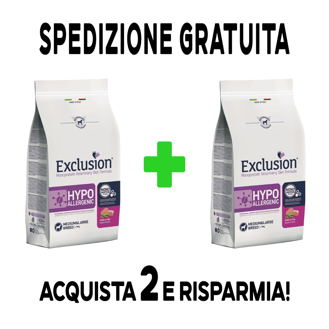 EXCLUSION - Hypoallergenic adulti cane - maiale e piselli - medium e large - 12 kg