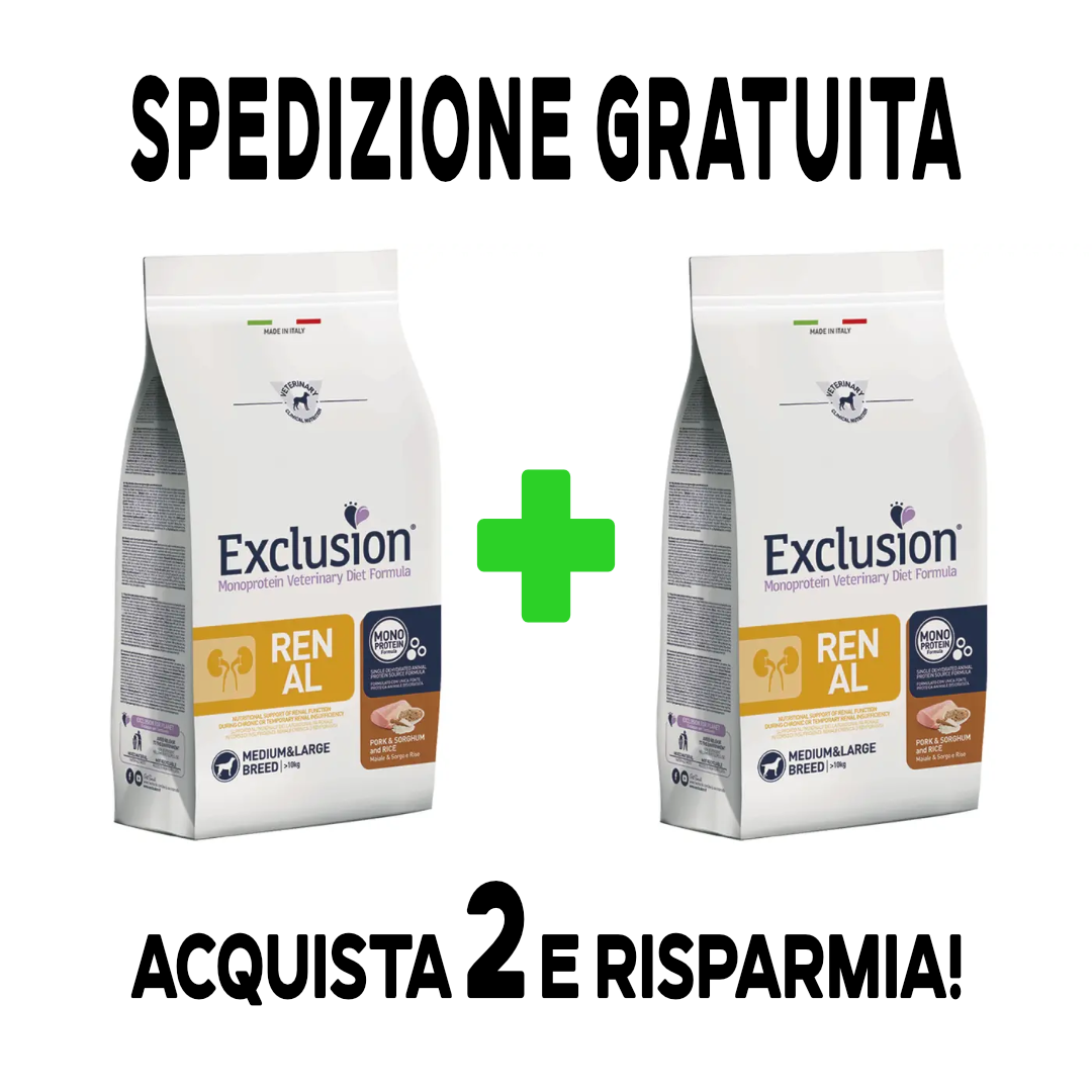 Exclusion - Veterinary Diet Cane - Renal - Medium/Large - 12kg - maiale , sorgo e riso