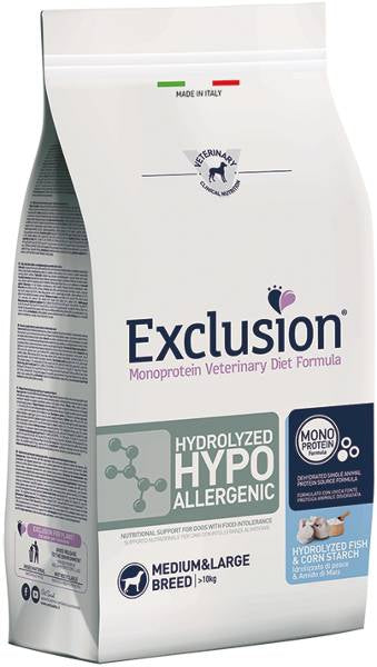 Exclusion - Diet Hydrolyzed Hypoallergenic Adult Medium/Large al Pesce e Amido di Mais da 12 Kg