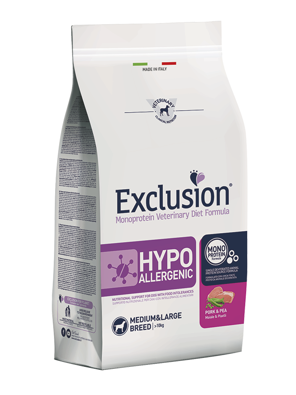 EXCLUSION - Hypoallergenic adulti cane - maiale e piselli - medium e large - 12 kg