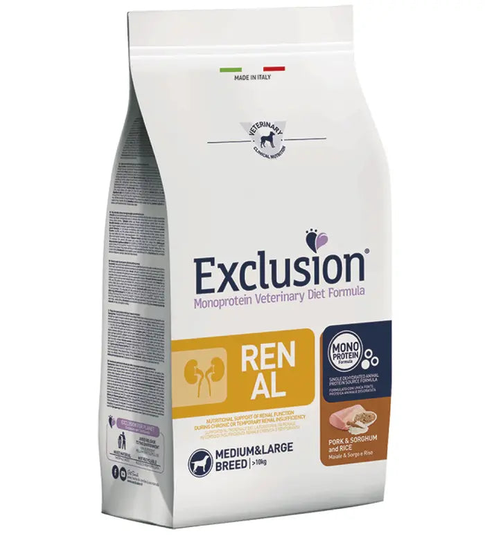 Exclusion - Veterinary Diet Cane - Renal - Medium/Large - 12kg - maiale , sorgo e riso