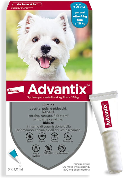 Advantix Spot-on antiparassitario per Cani da 4 kg a 10 Kg, 6 pipette da 1 ml.