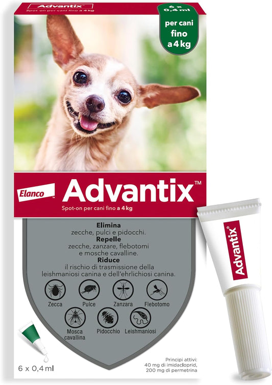 Advantix Spot-on pesticide for dogs up to 4 kg, 6 pipettes of 0.4 ml. 