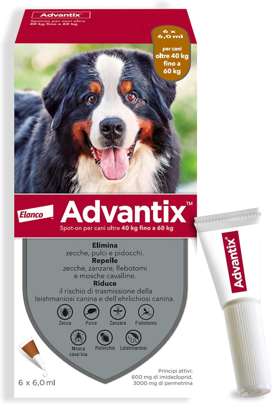 Advantix Spot-on antiparassitario per Cani da 40 kg a 60 Kg, 6 pipette da 6 ml.