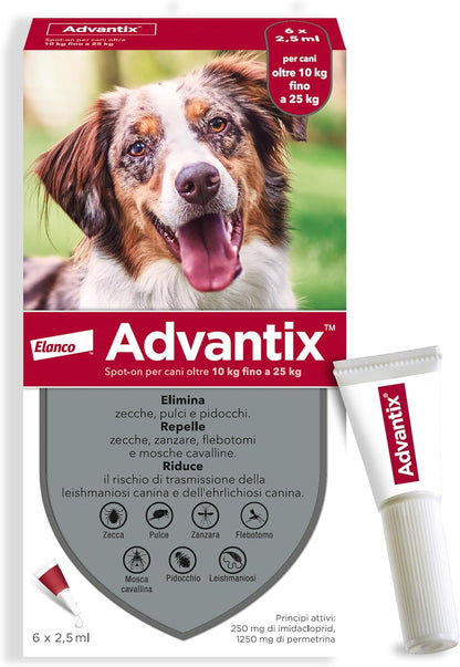 Advantix Spot-on antiparassitario per Cani da 10 kg a 25 Kg, 6 pipette da 2,5 ml.