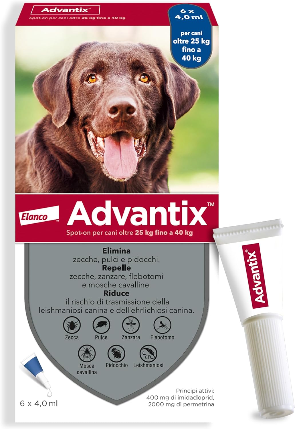 Advantix Spot-on pesticide for dogs from 25 kg to 40 kg, 6 pipettes of 4 ml. 