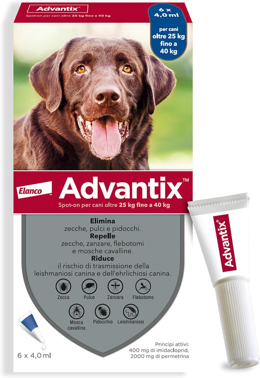 Advantix Spot-on antiparassitario per Cani da 25 kg a 40 Kg, 6 pipette da 4 ml.