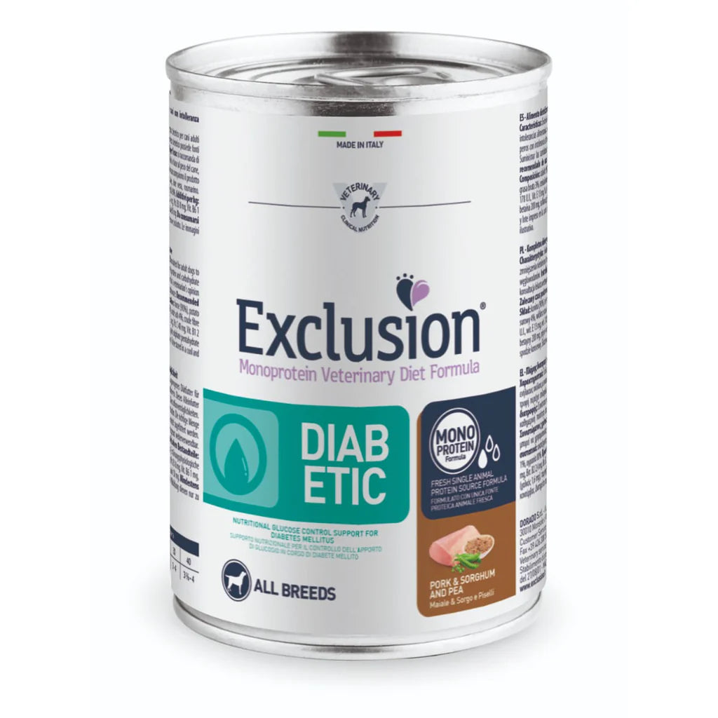 Exclusion Diabetic Pork Sorghum and Peas 400g - Wet Food for Dogs from 1,6 or 12 milk