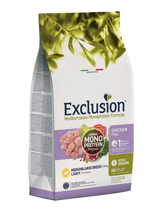 EXCLUSION MEDITERRANEO NOBLE GRAIN LIGHT POLLO MEDIUM&LARGE BREED 3 KG E 12 KG