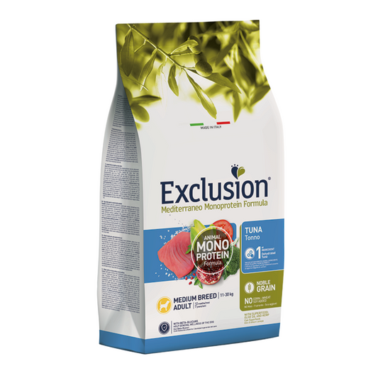 Exclusion Medium Adult Tonno  Mediterraneo Monoproteico Noble Grain 3 kg e 12 kg